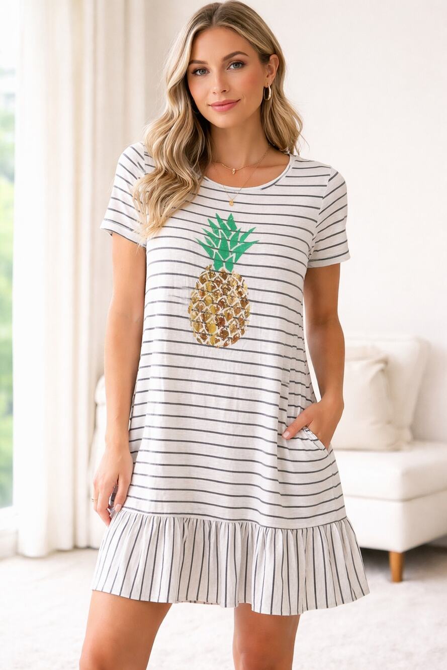SJS Pineapple Striped Dress gray stripes ruffle hem Size XL NWT